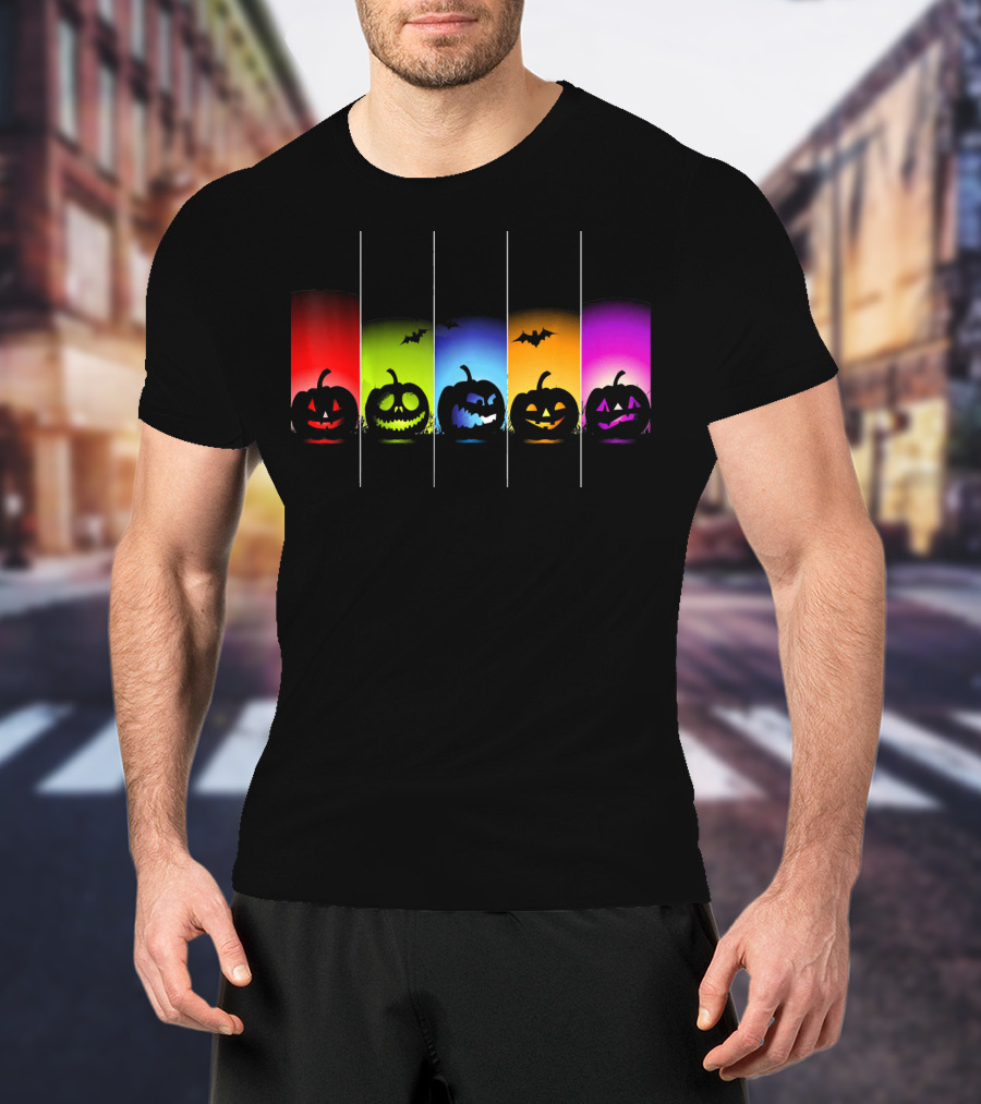 Rainbow Halloween Pumpkins With Colorful Backgrounds And Bats T-Shirt