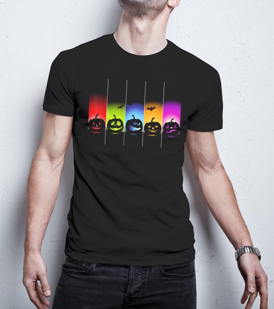 Rainbow Halloween Pumpkins With Colorful Backgrounds And Bats T-Shirt