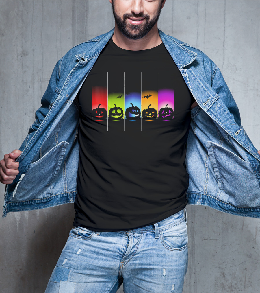 Rainbow Halloween Pumpkins With Colorful Backgrounds And Bats T-Shirt