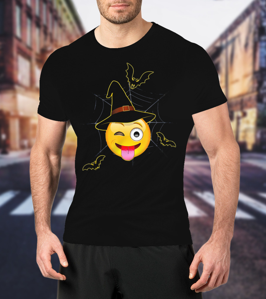 Funny Halloween Witch Emoji Winking Face With Bats And Spider Web T-Shirt