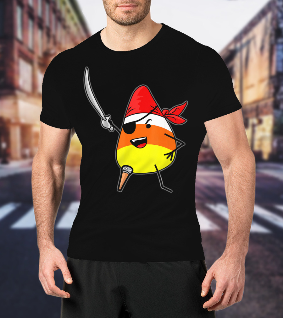 Candy Corn Pirate With Jolly Roger Sword Halloween T-Shirt