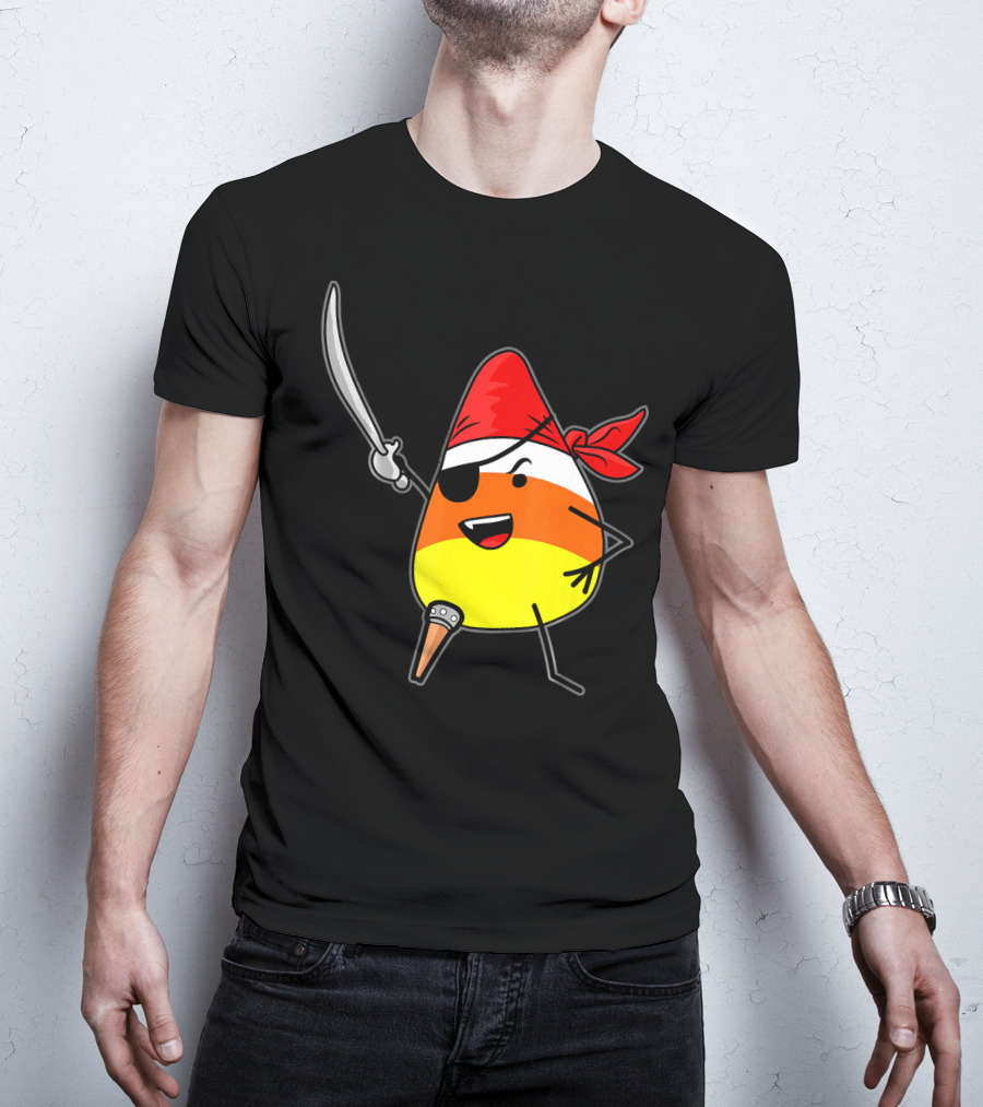 Candy Corn Pirate With Jolly Roger Sword Halloween T-Shirt