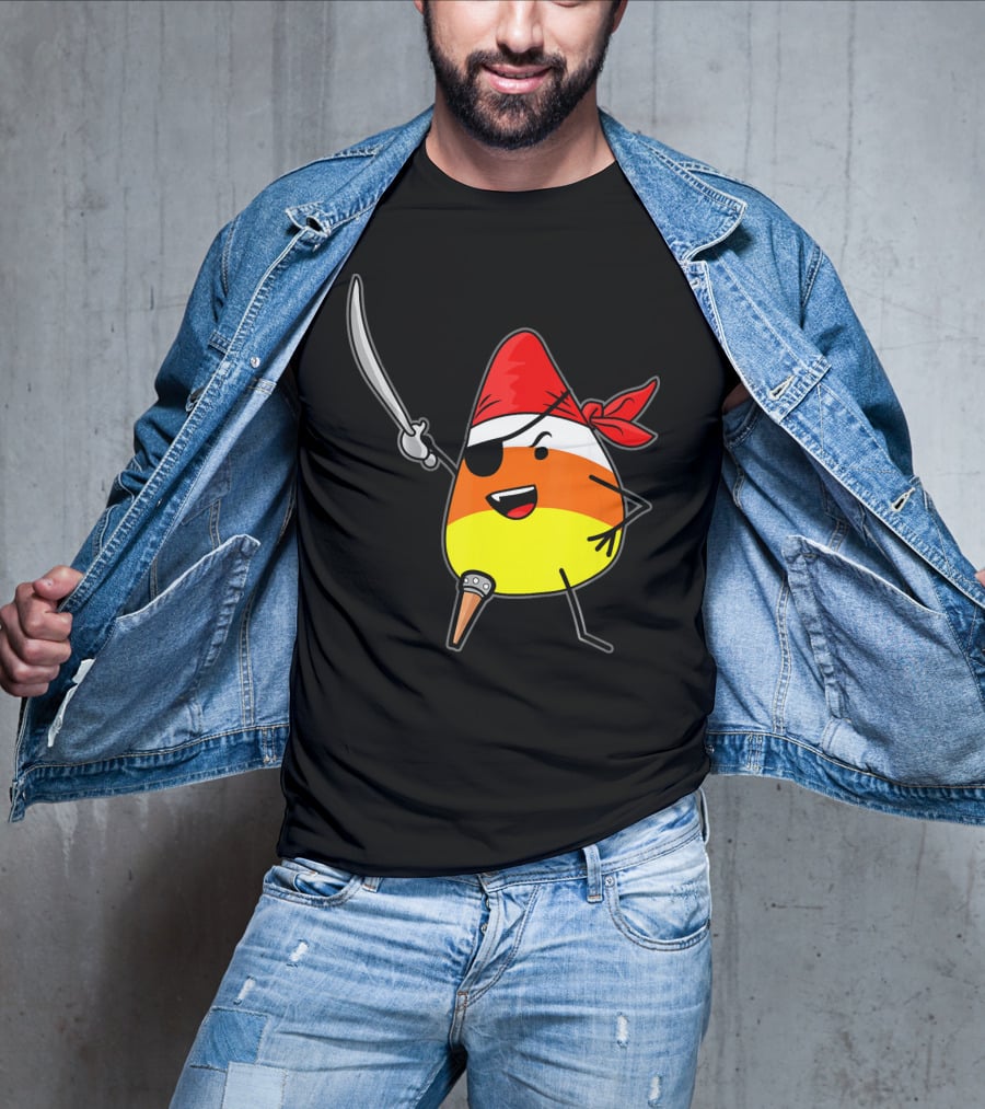 Candy Corn Pirate With Jolly Roger Sword Halloween T-Shirt