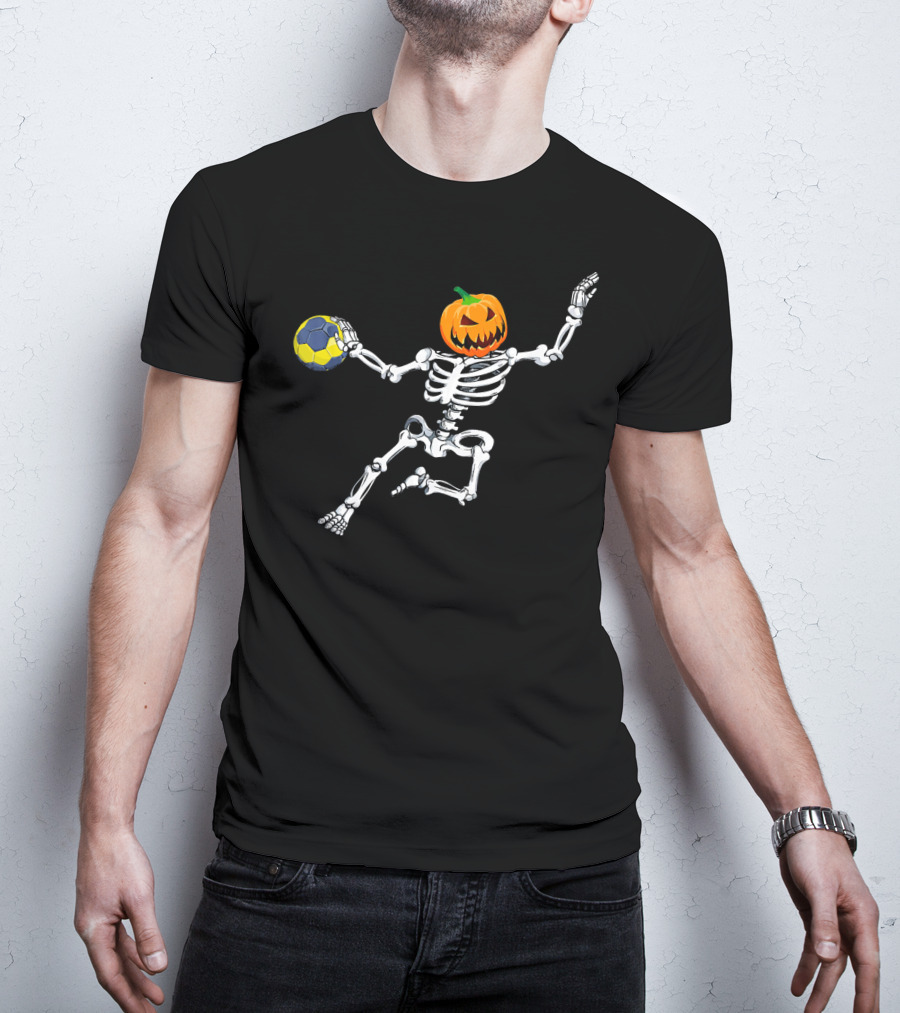 Skeleton Handball Player With Halloween Pumpkin Head T-Shirt