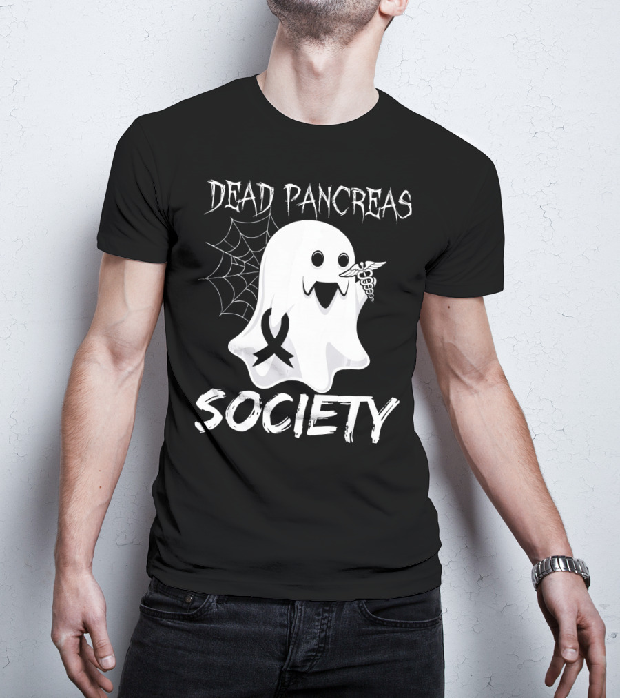 Dead Pancreas Society Ghost With Ribbon And Caduceus Diabetes Awareness T-Shirt