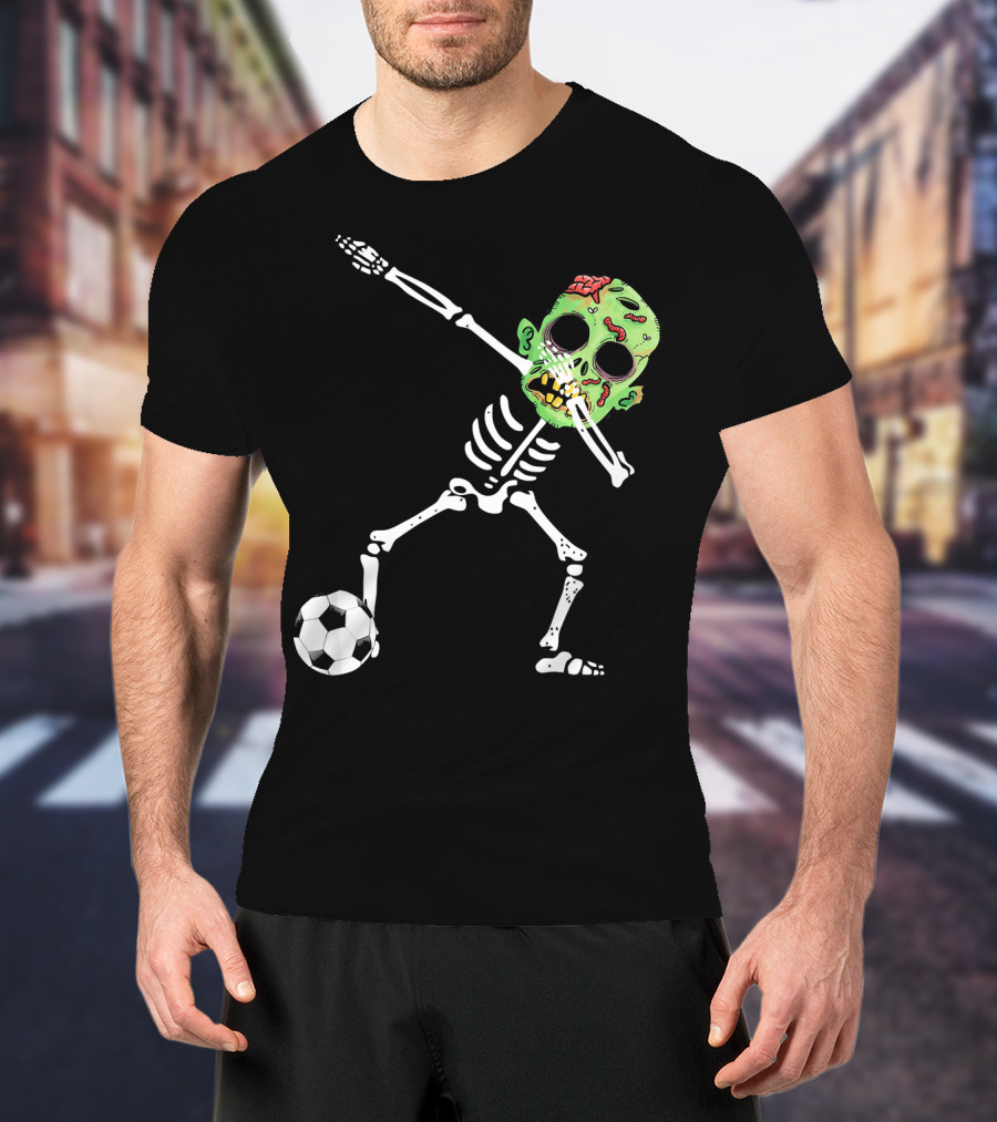 Dabbing Skeleton Soccer Zombie With Green Head T-Shirt