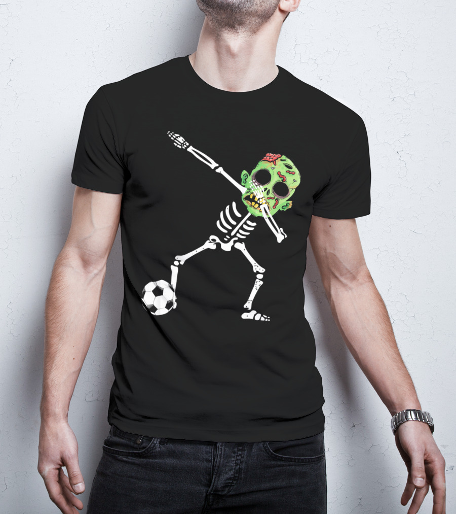 Dabbing Skeleton Soccer Zombie With Green Head T-Shirt