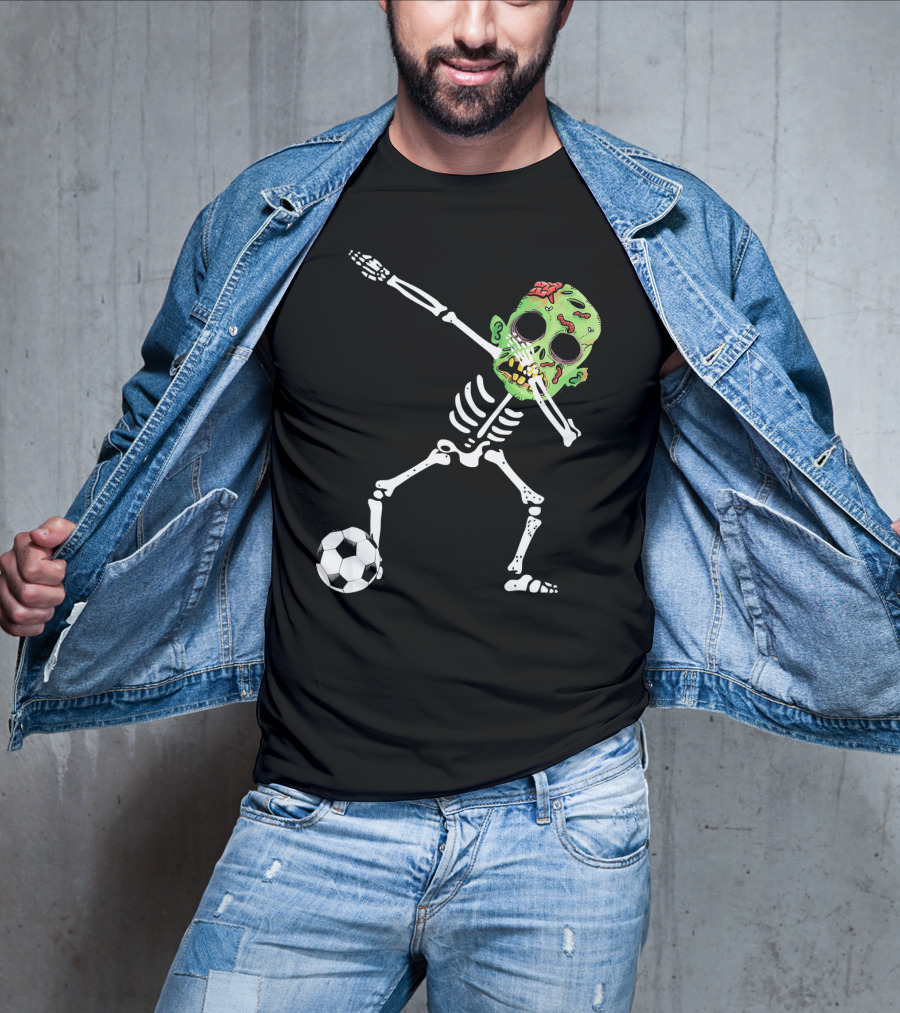 Dabbing Skeleton Soccer Zombie With Green Head T-Shirt