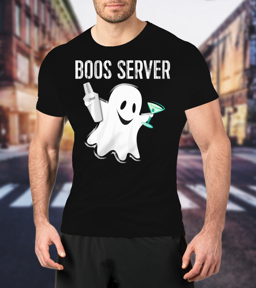 Boos Server Ghost Holding Cocktail Shaker And Martini T-Shirt
