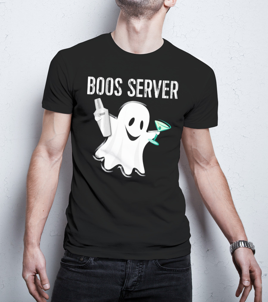 Boos Server Ghost Holding Cocktail Shaker And Martini T-Shirt
