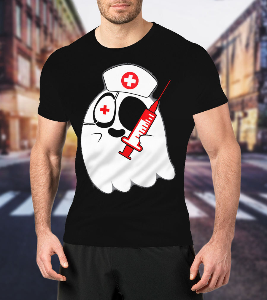 Funny Ghost Nurse Emoji With Syringe Nurse Hat T-Shirt