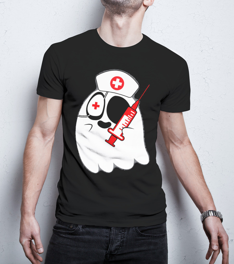 Funny Ghost Nurse Emoji With Syringe Nurse Hat T-Shirt