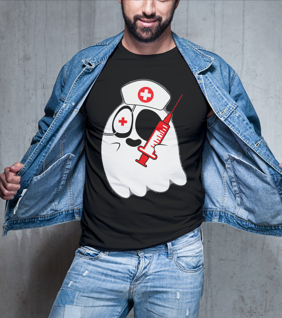 Funny Ghost Nurse Emoji With Syringe Nurse Hat T-Shirt