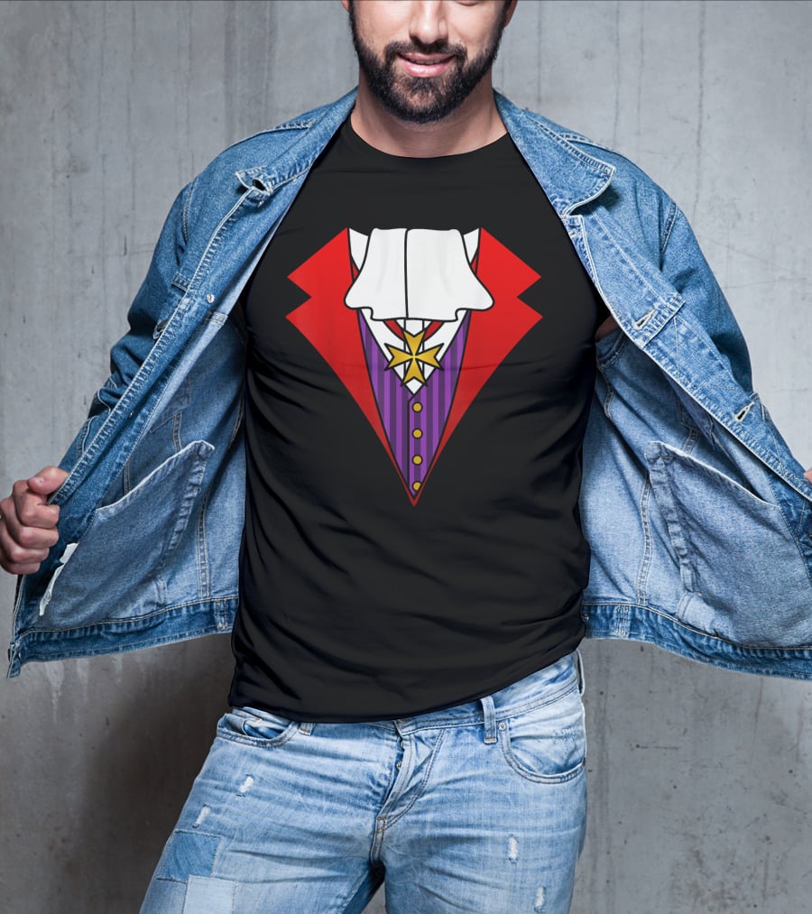 Easy Halloween Costumes Dracula Tuxedo Red Jacket Purple Vest White Cravat T-Shirt