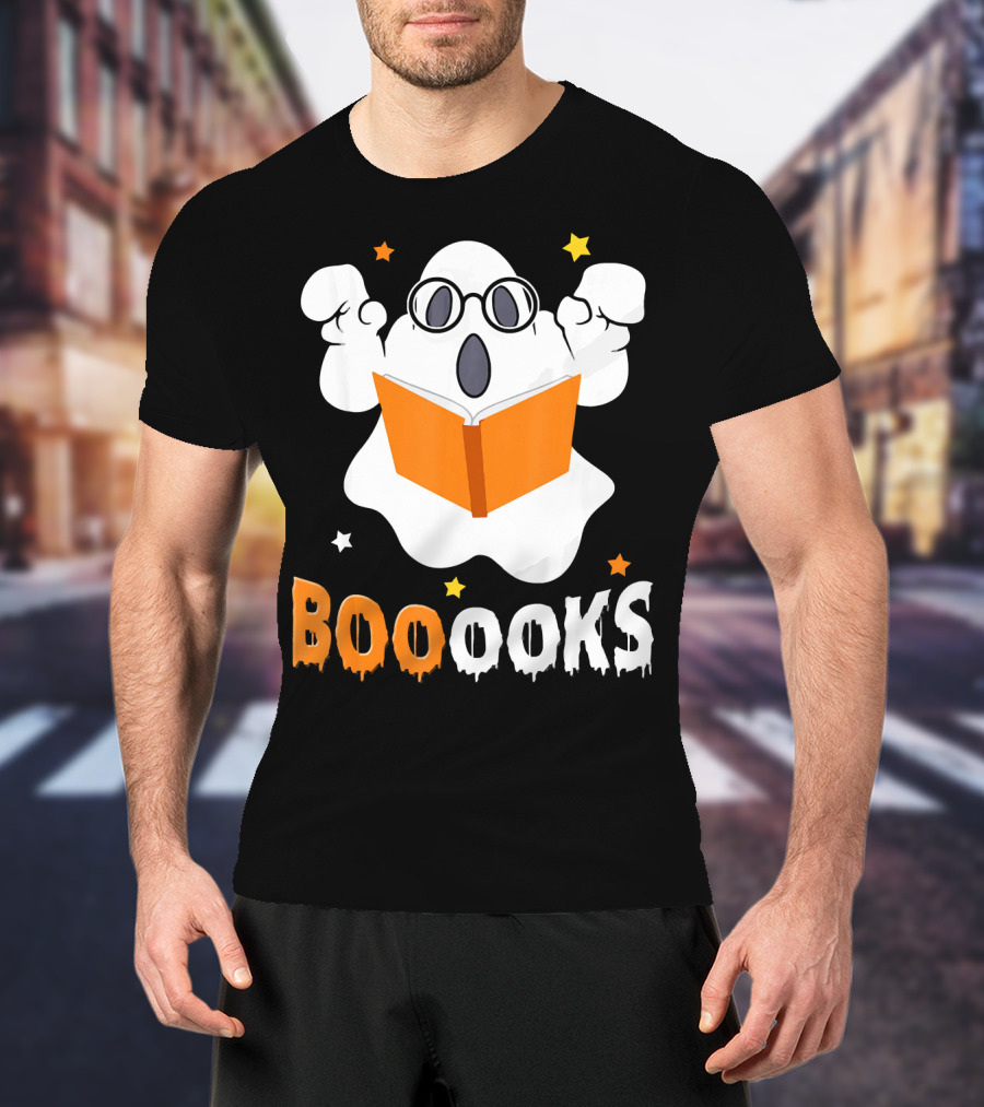 Booooks Ghost With Glasses Holding Orange Book And Stars T-Shirt