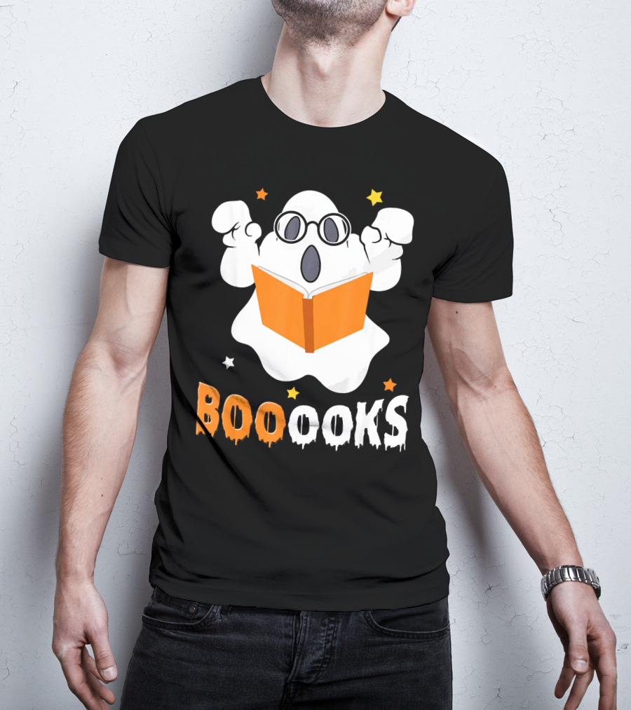 Booooks Ghost With Glasses Holding Orange Book And Stars T-Shirt