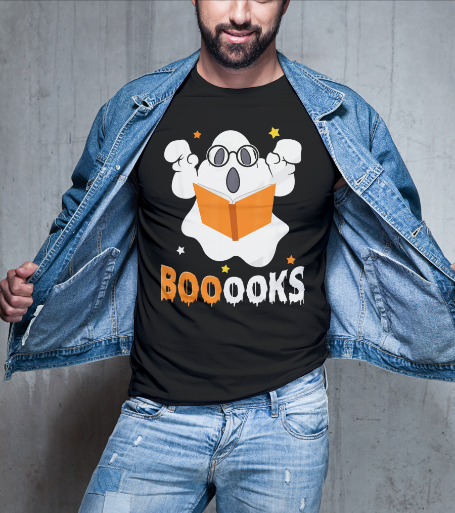 Booooks Ghost With Glasses Holding Orange Book And Stars T-Shirt