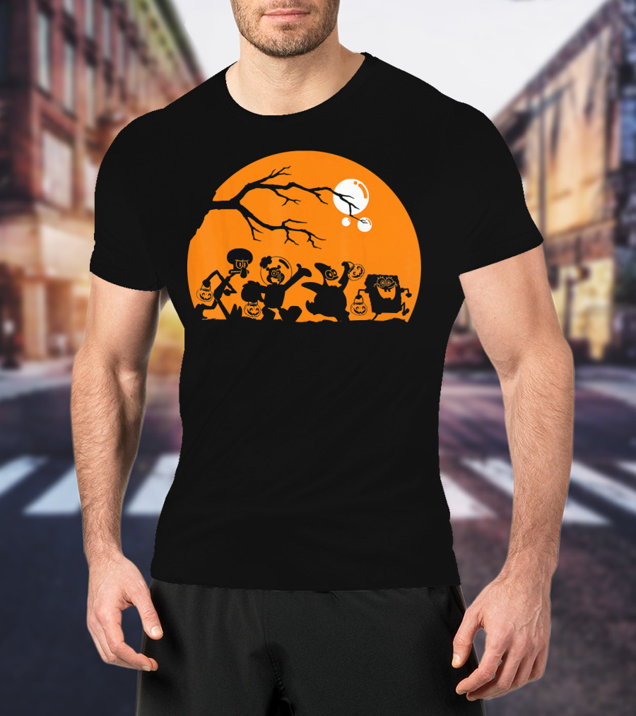 Spongebob Squarepants Halloween Group Silhouette Against Orange Moon T-Shirt