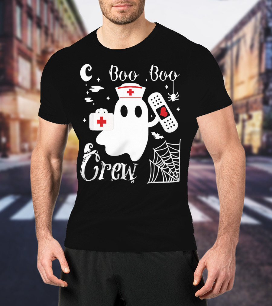 Boo Boo Crew Ghost Nurse With Bandage And Spider Web And Medical Symbols T-Shirt