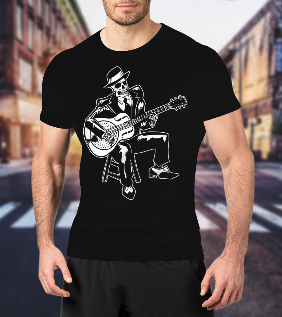 Blues Music Skeleton Playing Guitar With Fedora And Suit T-Shirt