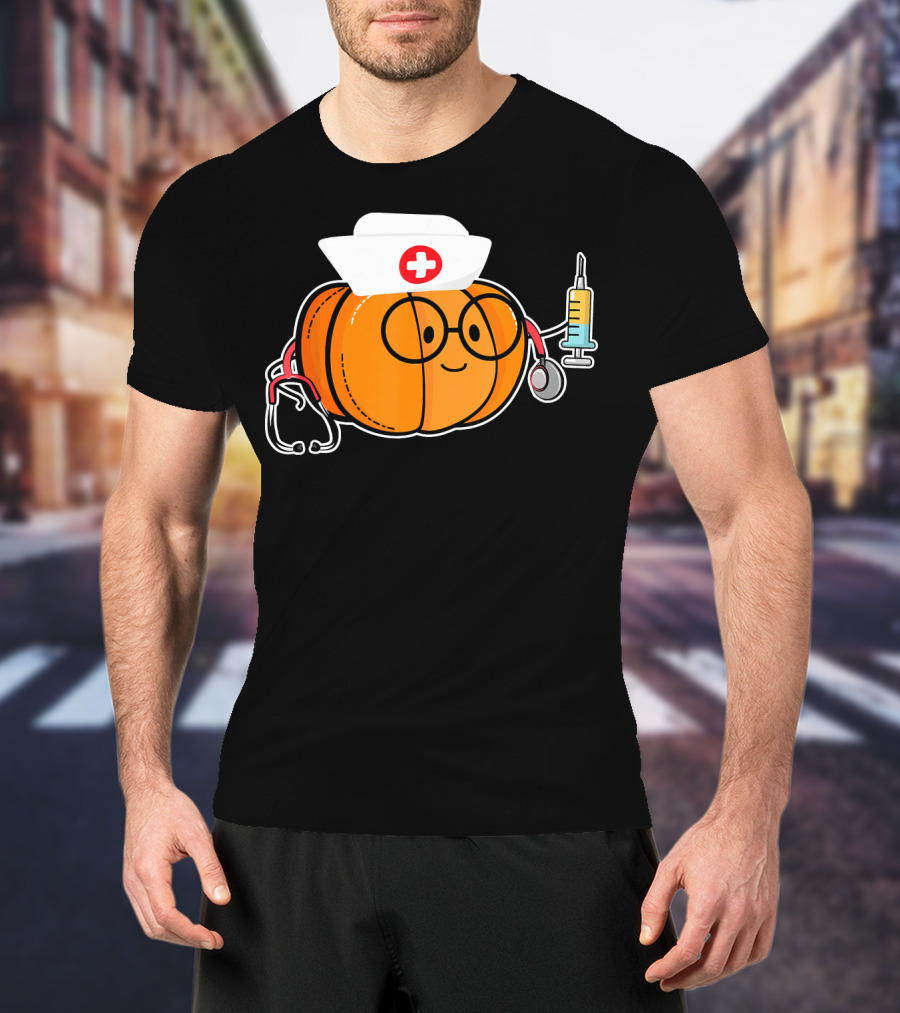 Nurse Halloween Pumpkin With Stethoscope And Syringe Smiling Face T-Shirt