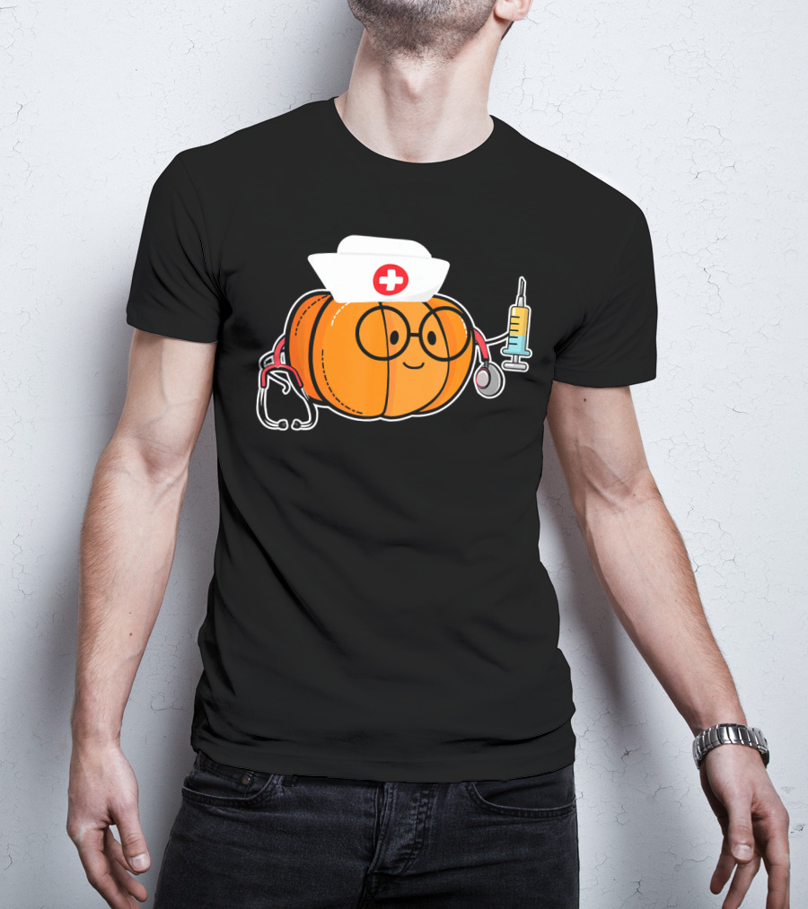 Nurse Halloween Pumpkin With Stethoscope And Syringe Smiling Face T-Shirt