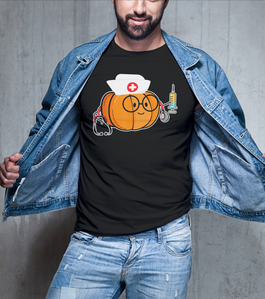 Nurse Halloween Pumpkin With Stethoscope And Syringe Smiling Face T-Shirt