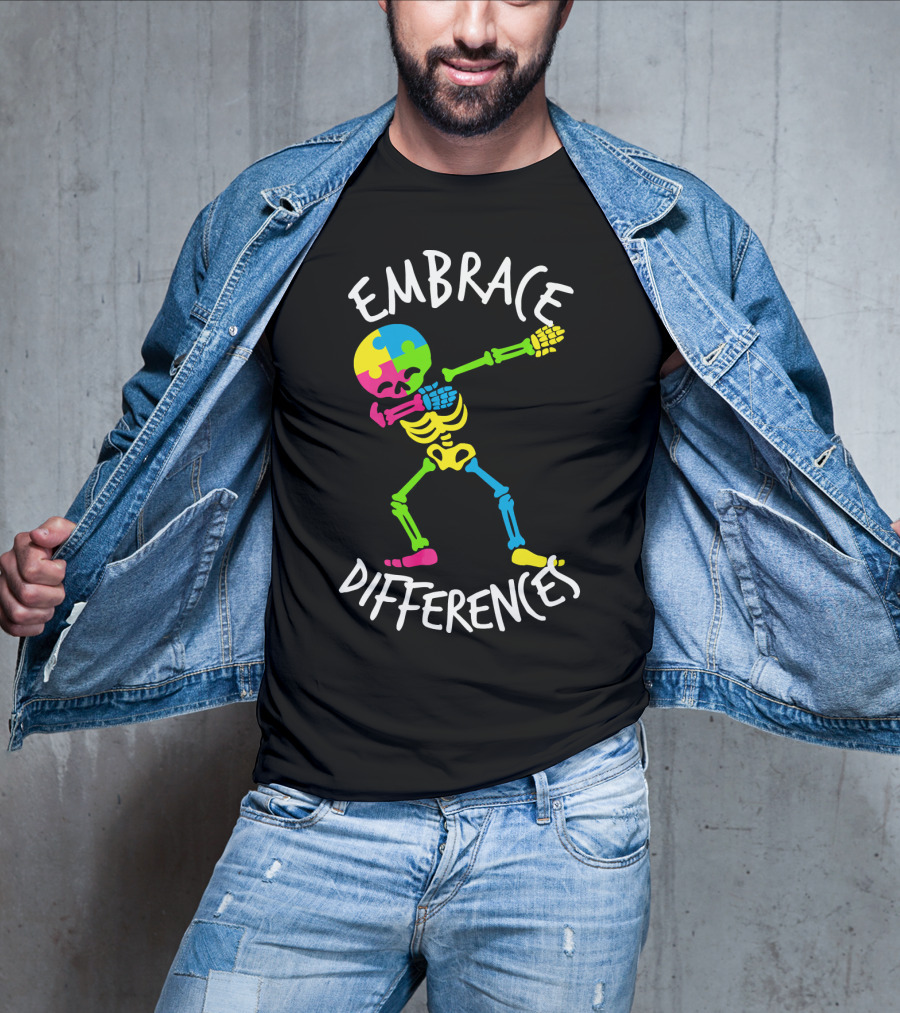 Embrace Differences Autism Awareness Colorful Skeleton Dabbing T-Shirt