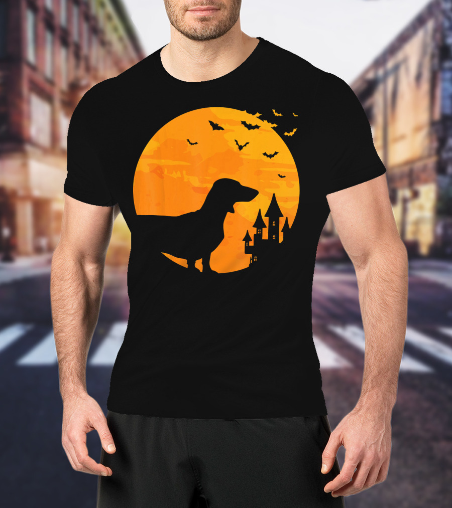 Dachshund Halloween Silhouette With Bats And Haunted Castle T-Shirt