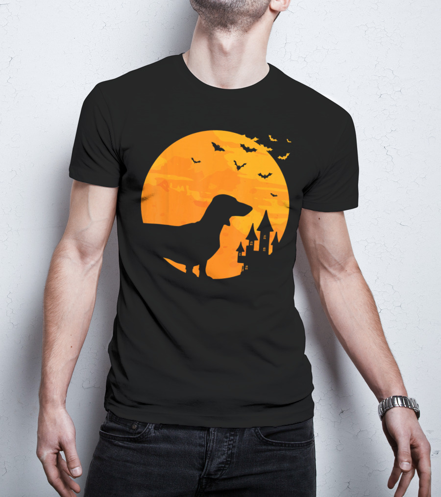Dachshund Halloween Silhouette With Bats And Haunted Castle T-Shirt