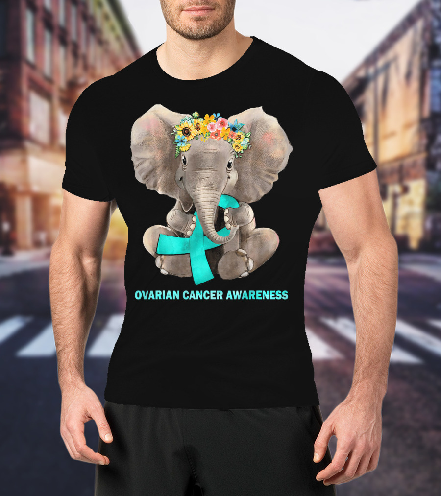 Hippie Elephant Holding Teal Ribbon Ovarian Cancer Awareness T-Shirt