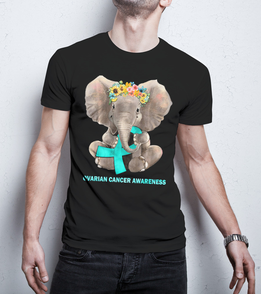 Hippie Elephant Holding Teal Ribbon Ovarian Cancer Awareness T-Shirt