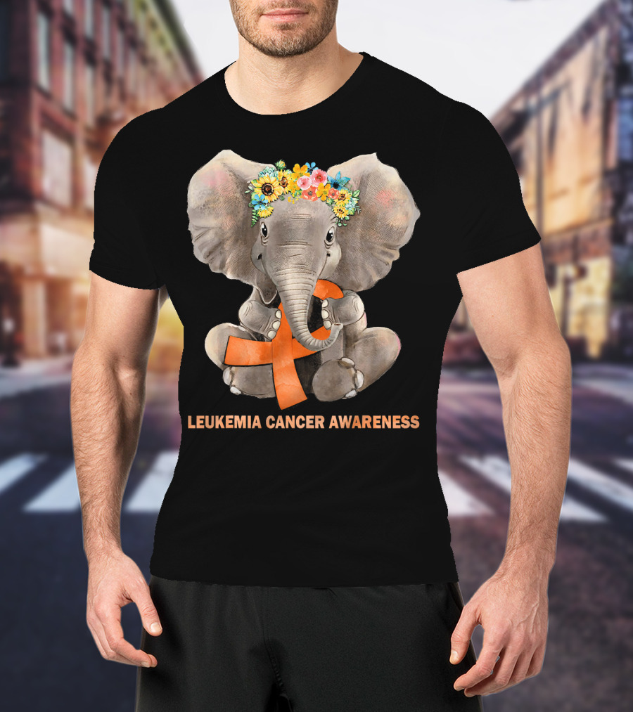 Hippie Elephant With Flower Crown Holding Orange Ribbon Leukemia Cancer Awareness T-Shirt