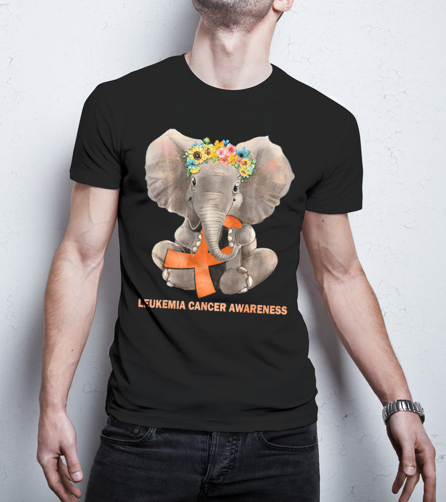 Hippie Elephant With Flower Crown Holding Orange Ribbon Leukemia Cancer Awareness T-Shirt
