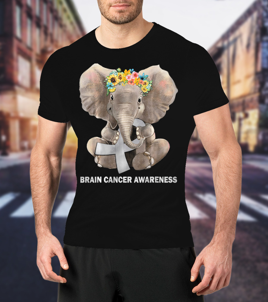 Hippie Elephant Holding Gray Ribbon Brain Cancer Awareness T-Shirt
