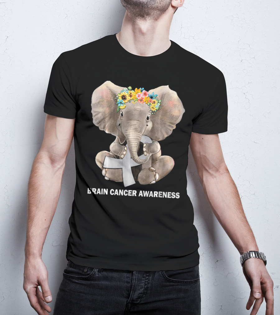 Hippie Elephant Holding Gray Ribbon Brain Cancer Awareness T-Shirt