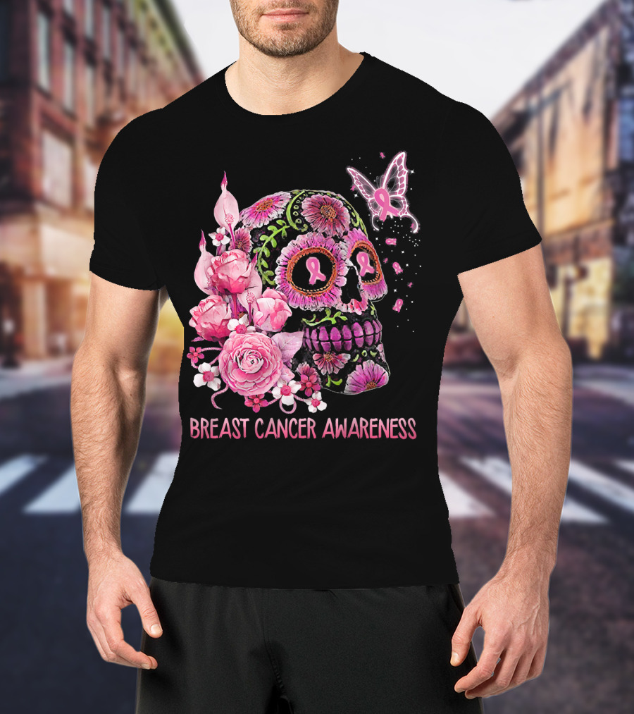 Skull Flower Breast Cancer Awareness Pink Ribbon Butterfly Roses T-Shirt
