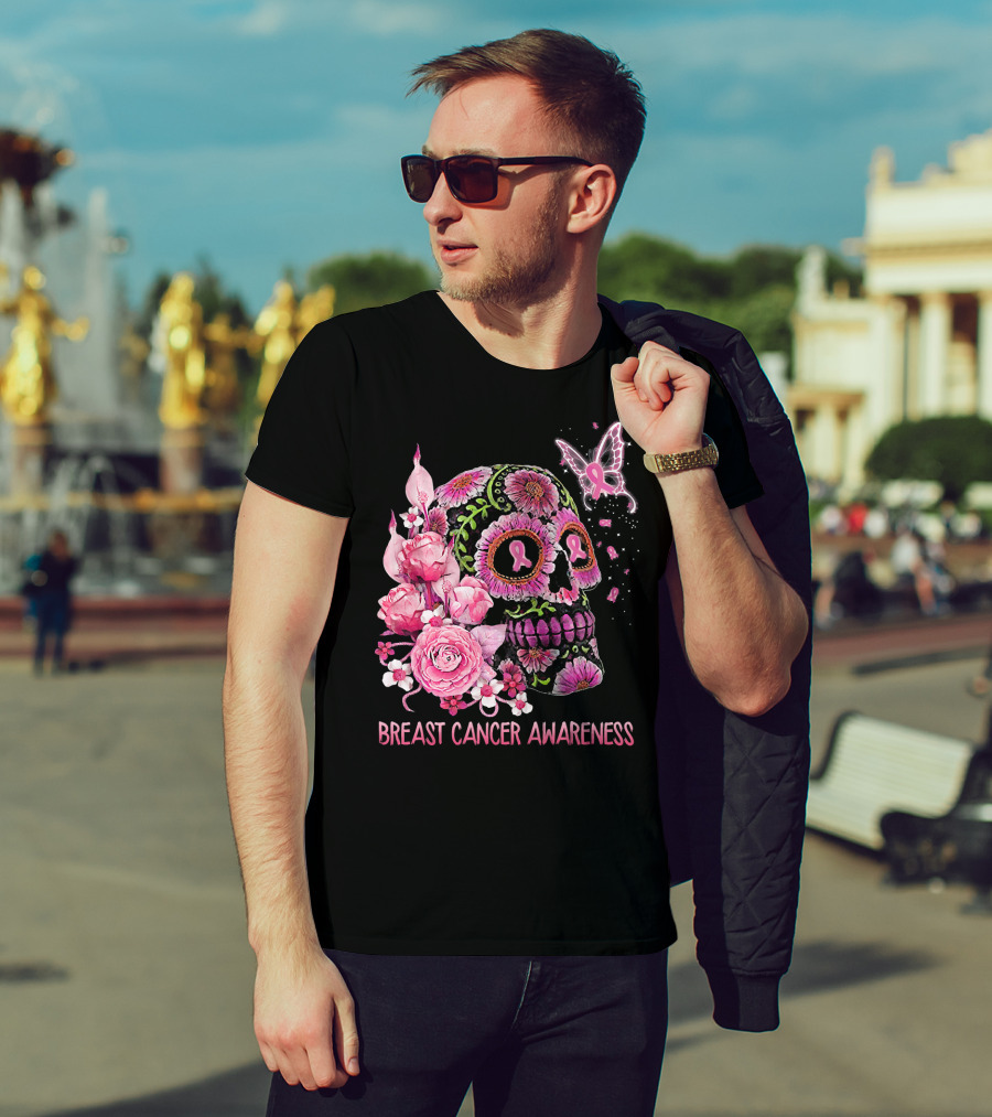 Skull Flower Breast Cancer Awareness Pink Ribbon Butterfly Roses T-Shirt