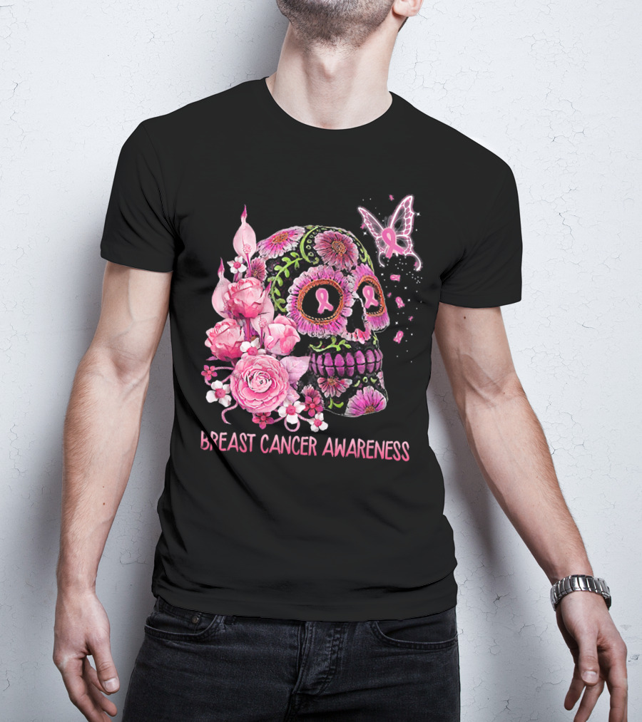 Skull Flower Breast Cancer Awareness Pink Ribbon Butterfly Roses T-Shirt