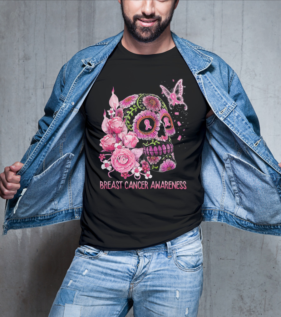 Skull Flower Breast Cancer Awareness Pink Ribbon Butterfly Roses T-Shirt