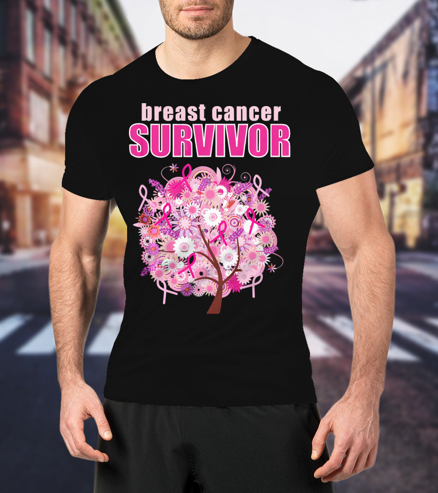 Breast Cancer Survivor Floral Pink Ribbon Tree T-Shirt