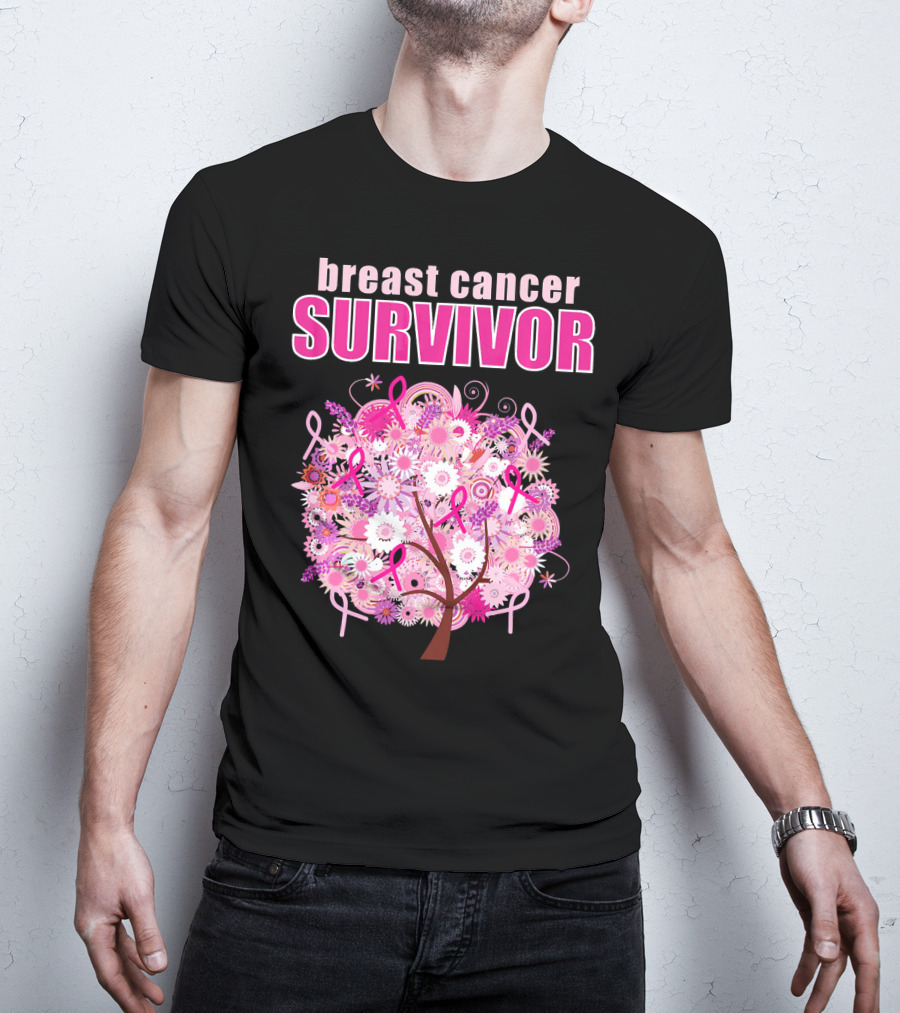 Breast Cancer Survivor Floral Pink Ribbon Tree T-Shirt