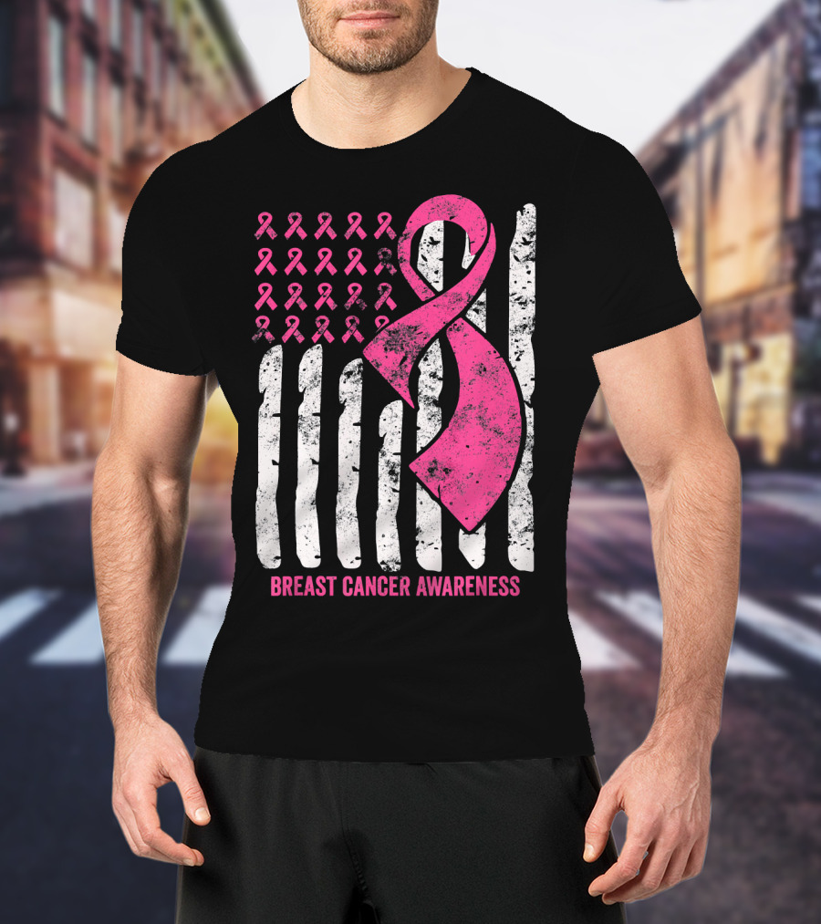 Breast Cancer Awareness Distress Pink Ribbon American Flag T-Shirt