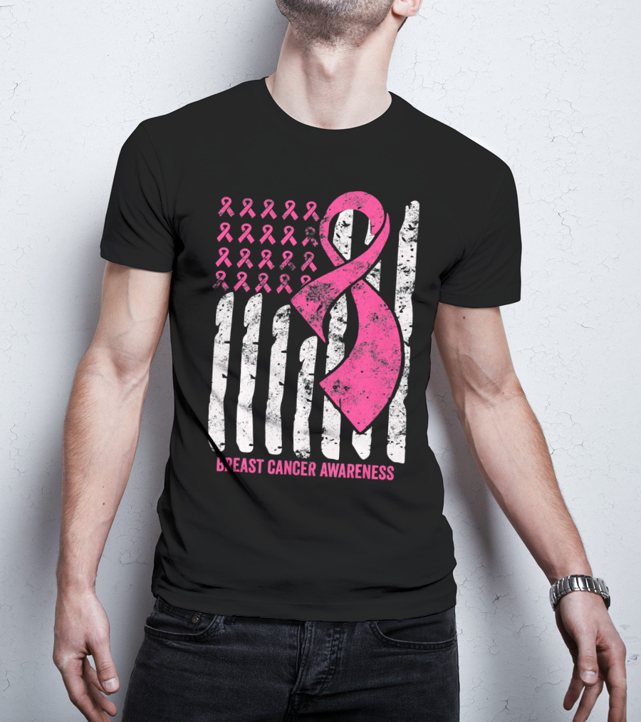 Breast Cancer Awareness Distress Pink Ribbon American Flag T-Shirt