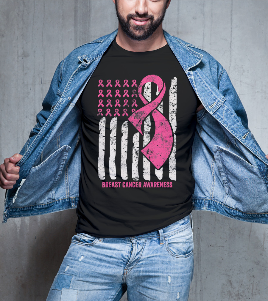 Breast Cancer Awareness Distress Pink Ribbon American Flag T-Shirt