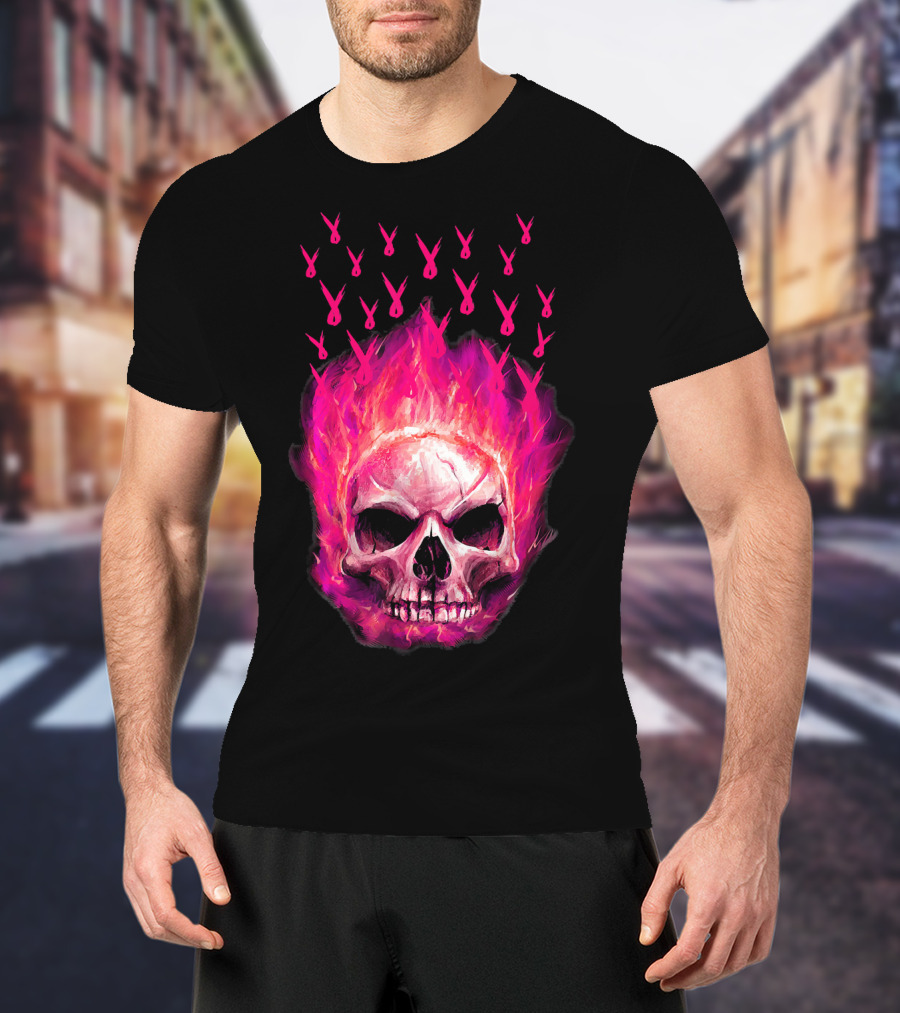 Halloween Skull Flaming Pink Ribbon Breast Cancer Awareness T-Shirt