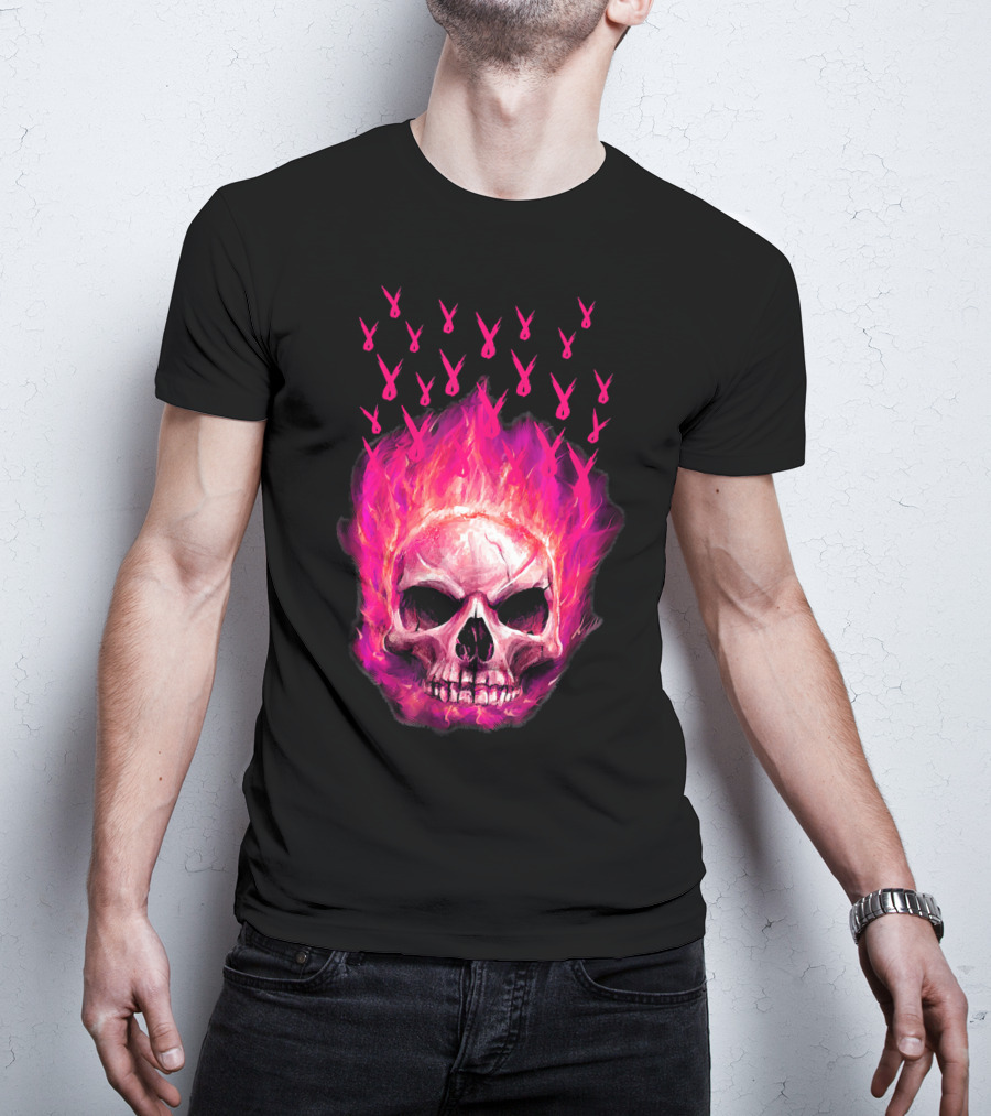 Halloween Skull Flaming Pink Ribbon Breast Cancer Awareness T-Shirt
