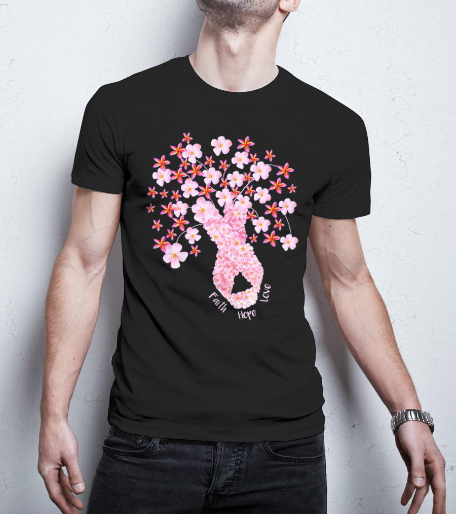 Faith Hope Love Breast Cancer Ribbon Floral Blossoms T-Shirt