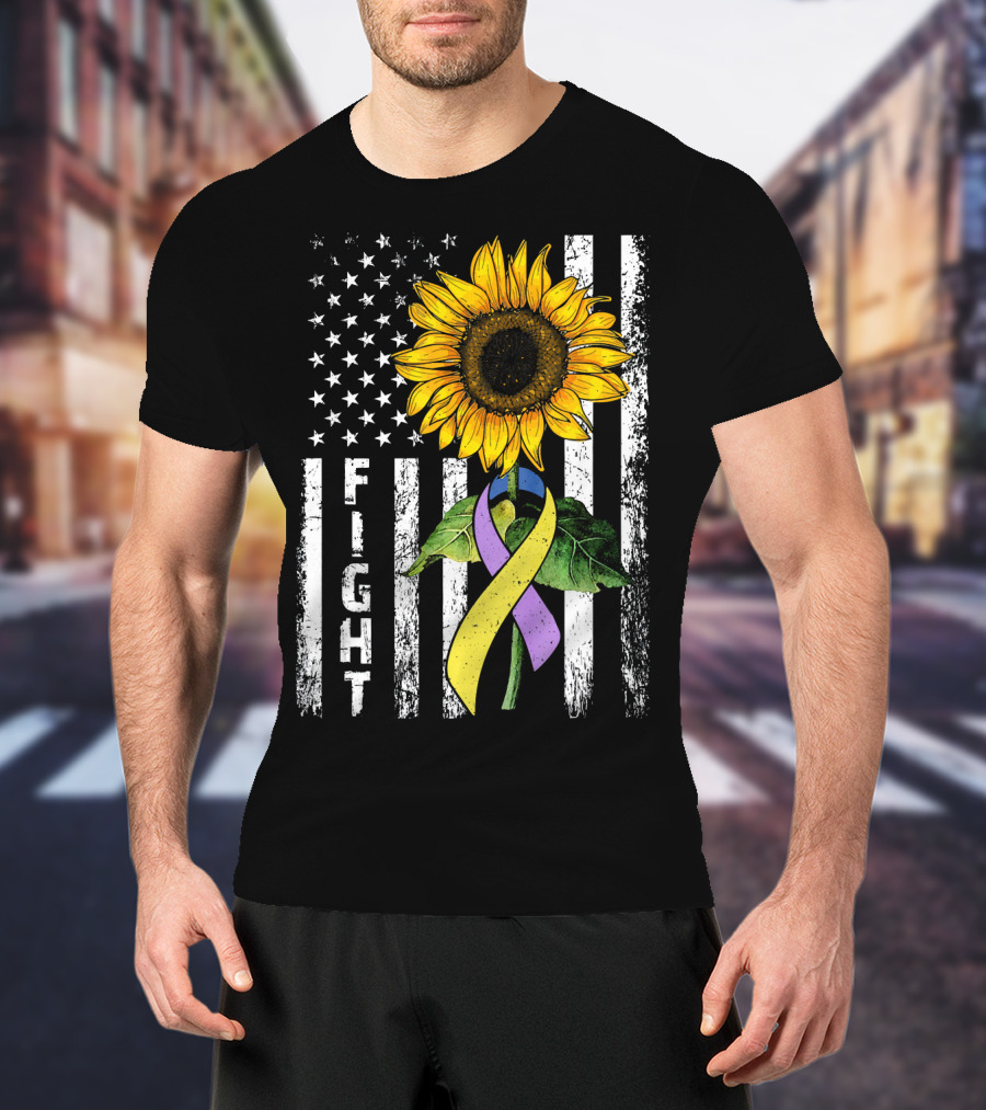 USA Flag Sunflower Fight Ribbon Bladder Cancer T-Shirt