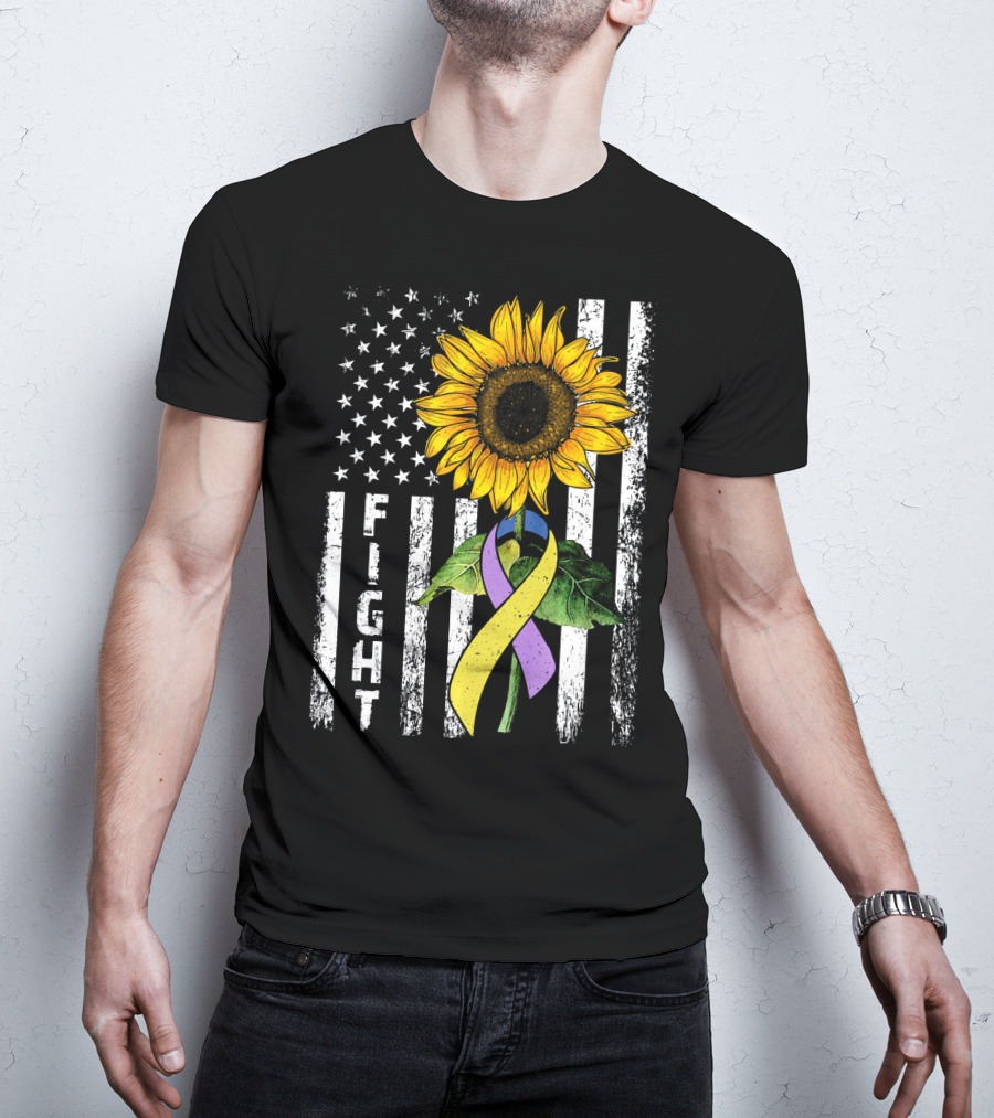 USA Flag Sunflower Fight Ribbon Bladder Cancer T-Shirt